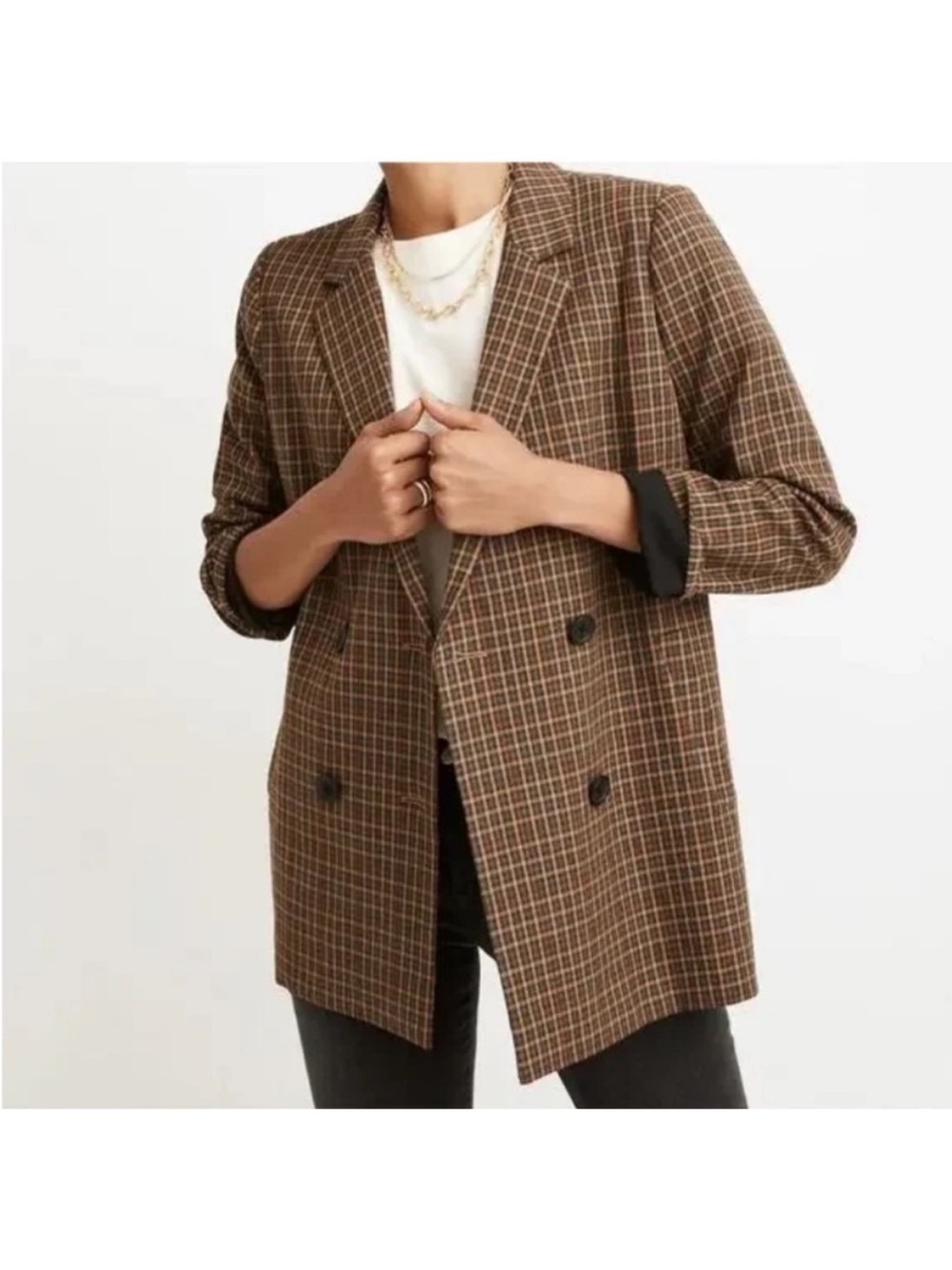 Madewell Caldwell Blazer Mandell Plaid Double Breasted Brown Tan Size L - Picture 4 of 7
